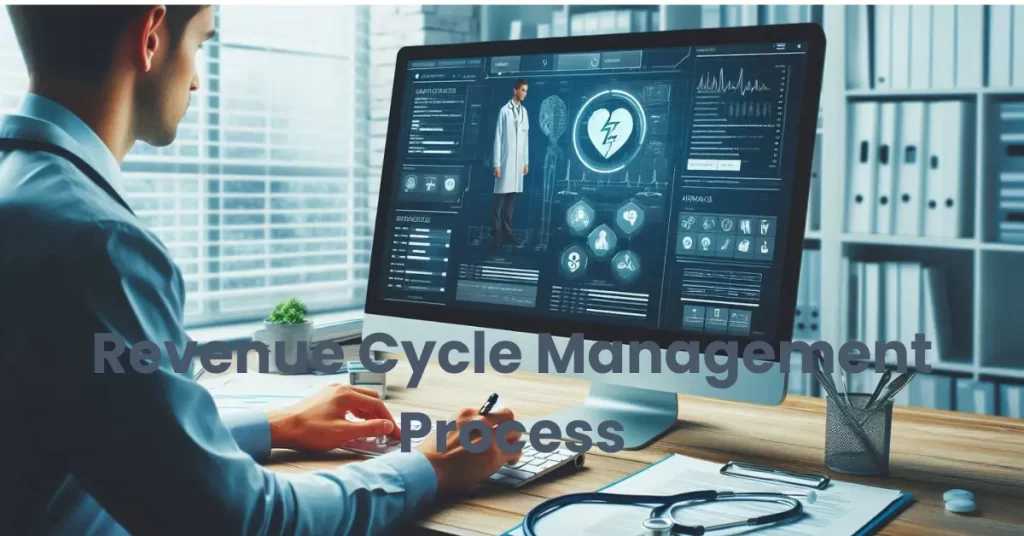 Healthcare professionals reviewing patient billing data on a computer with medical and insurance documents visible.