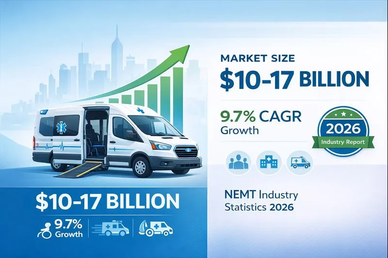 NEMT industry statistics 2026 showing $17 billion market size with growth projections and medical transportation data