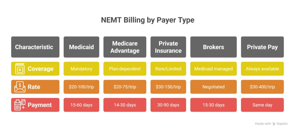 NEMT billing payer type comparison showing Medicaid, Medicare Advantage, private insurance, brokers, and private pay with coverage requirements, rates, and payment timelines