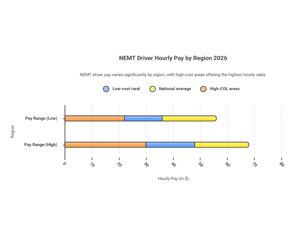 Bar chart comparing NEMT driver hourly pay from $14 in rural areas to $30 in high cost-of-living regions