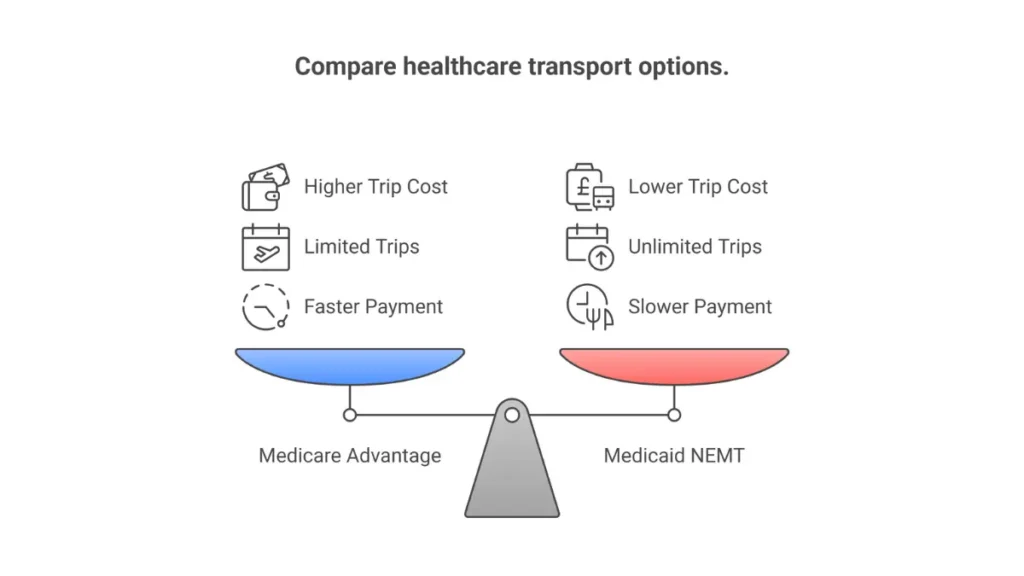 Comparison infographic showing Medicare Advantage pays $60-$120 per NEMT trip vs Medicaid $25-$90, with different trip limits and payment timelines