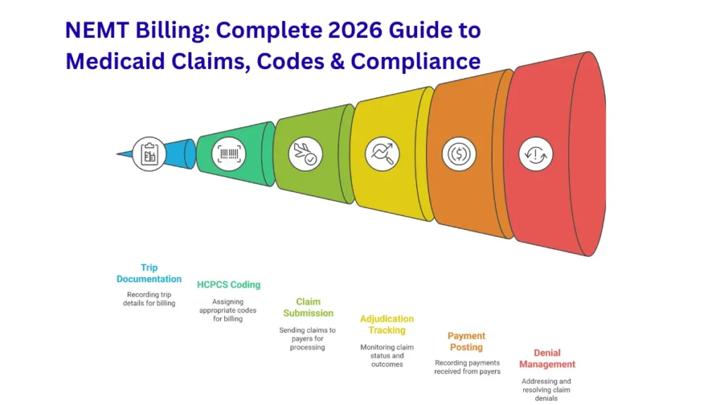 Graphic showing 7-step NEMT billing process flowchart: Eligibility Verification, Trip Documentation, HCPCS Coding, Claim Submission, Adjudication Tracking, Payment Posting, and Denial Management