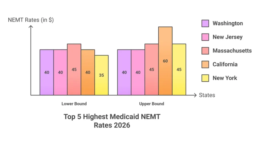 Ranking of top 5 highest Medicaid NEMT paying states: New York, California, Massachusetts, New Jersey, Washington with rates $35-$60 per trip