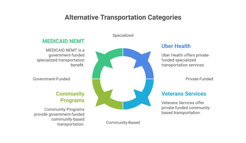 Alternative transportation options for seniors including Medicaid NEMT, Area Agency on Aging, veterans programs, and private pay services