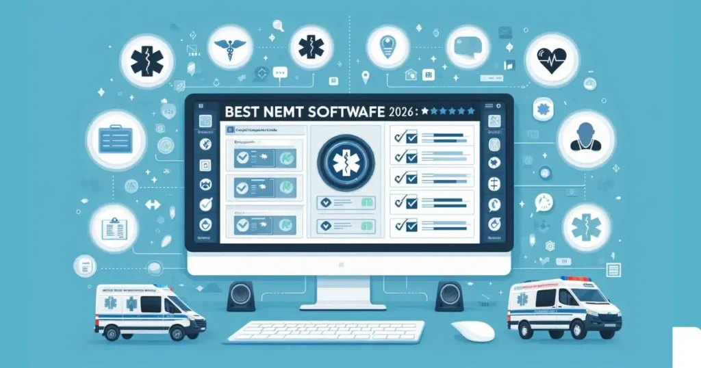 NEMT fleet manager comparing software platforms on computer dashboard showing dispatch scheduling and billing features
