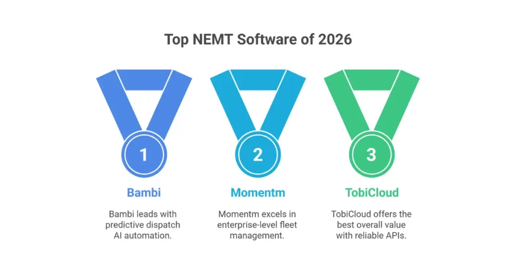 Category winners showing best NEMT software for budget startups large fleets enterprise operations and AI automation