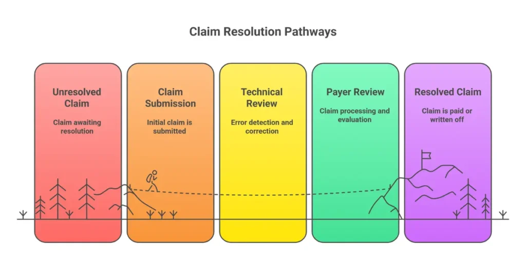 Flowchart comparing claim denial versus claim rejection in NEMT billing showing different resolution paths