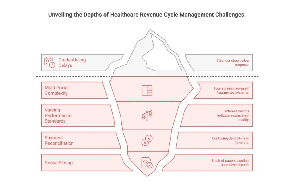 Common NEMT billing challenges and solutions infographic showing credentialing delays multi-portal complexity and payment reconciliation issues