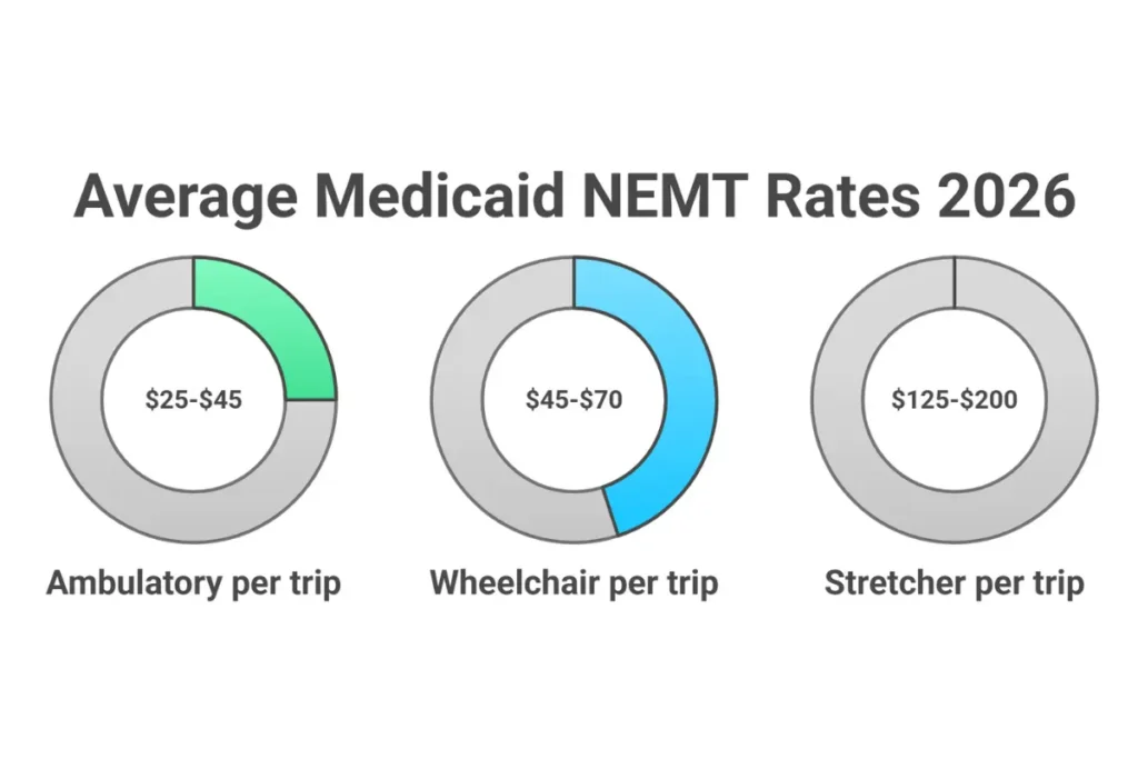 Comparison table showing 2026 average Medicaid NEMT rates: ambulatory $25-$45, wheelchair $45-$70, stretcher $125-$200 per trip