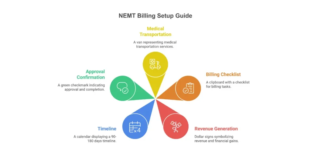 NEMT provider reviewing billing setup documents and credentialing paperwork with medical transportation van visible