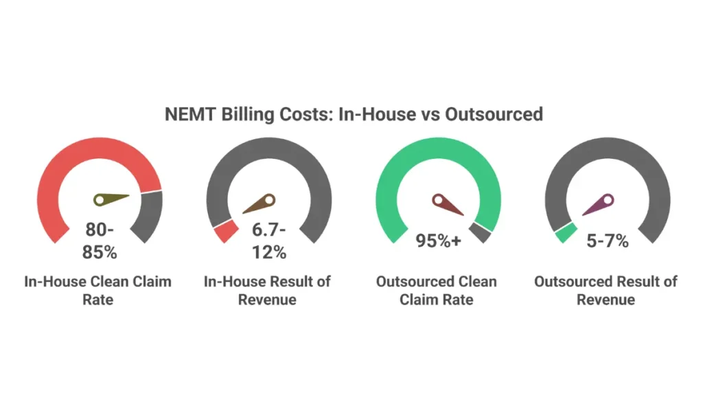 In-house vs outsourced NEMT billing cost comparison showing in-house costs of $80k-$145k annually versus outsourced costs of 4-7% of collections with better clean claim rates