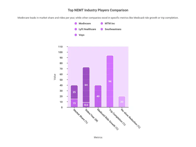 Top NEMT providers comparison showing ModivCare with 25% market share, MTM Inc covering 50 states, and Lyft Healthcare with 15% share