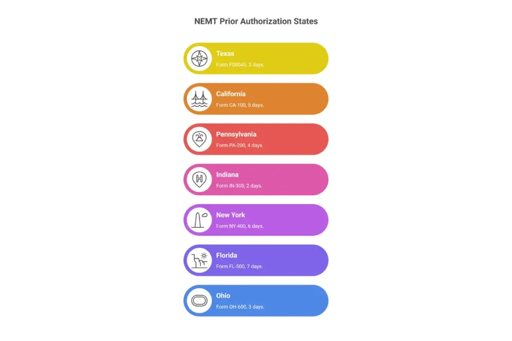 US map showing state-specific NEMT prior authorization requirements for Texas, California, New York, Pennsylvania, and Indiana