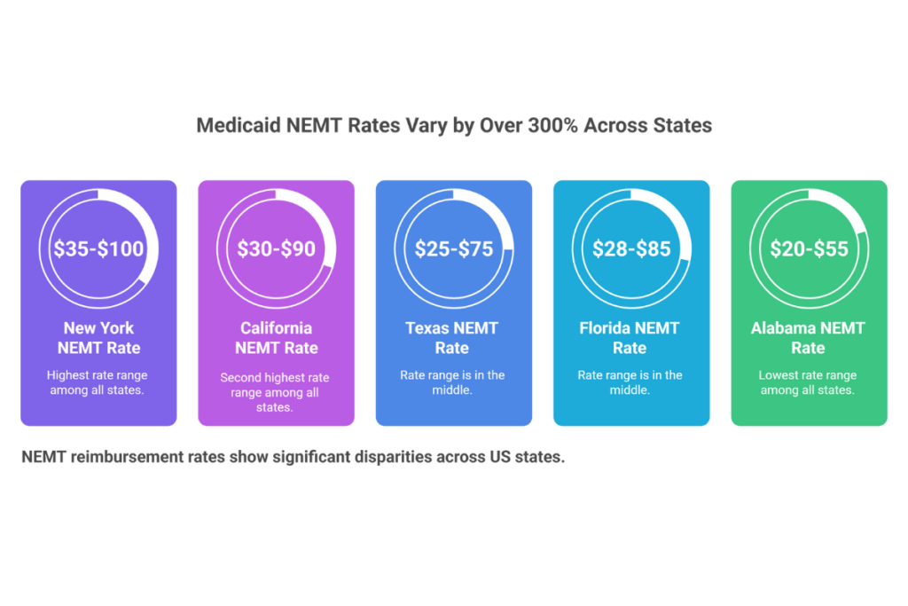 US map showing Medicaid NEMT reimbursement rates by state, with rates varying from $20 to $100 per trip depending on state and service level