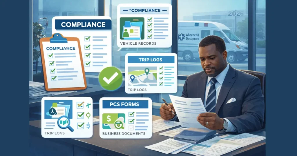 NEMT audit preparation checklist 2026 showing compliance officer reviewing Medicaid transportation documents with driver files and vehicle inspection records