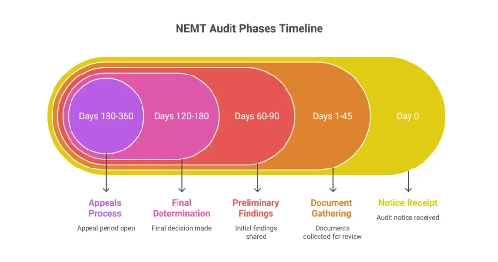 NEMT audit response timeline showing phases from notice receipt through document gathering, preliminary findings, final determination, and appeals process spanning 6-18 months