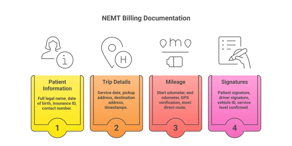 NEMT billing documentation checklist infographic showing required patient information, trip details, mileage documentation, and signature requirements for compliant claims