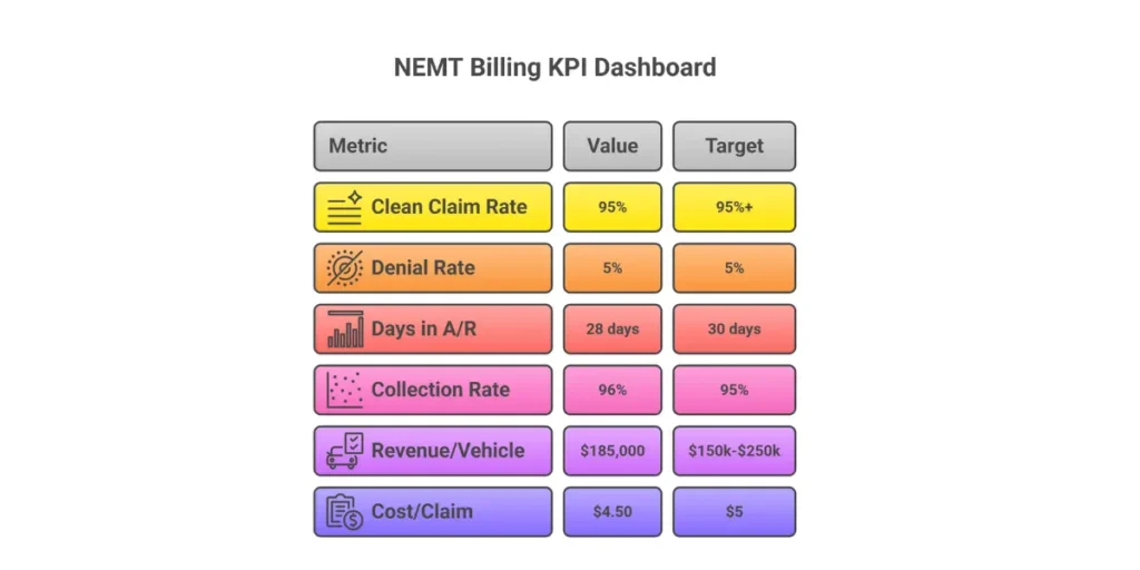 NEMT billing KPI dashboard showing clean claim rate, denial rate, days in AR, collection rate, revenue per vehicle, and cost per claim metrics with target benchmarks