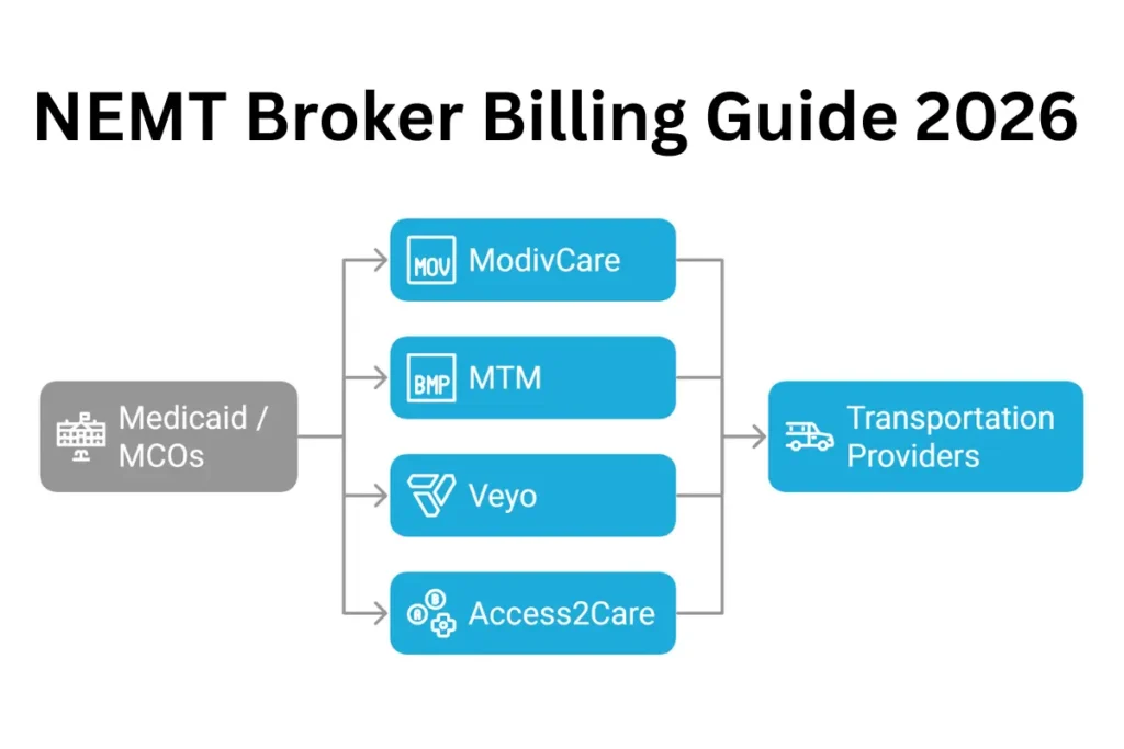 NEMT broker billing guide for ModivCare, MTM, Veyo, and Access2Care