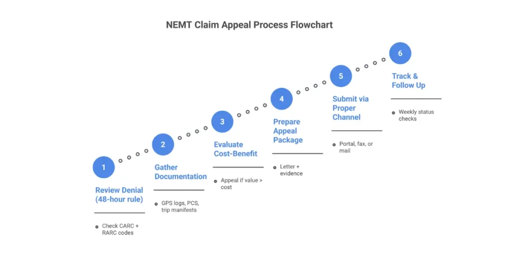 Six step flowchart showing NEMT claim denial appeal process from review to resolution