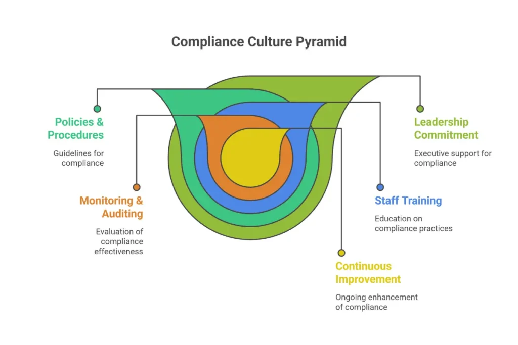 NEMT compliance culture framework showing leadership, training, policies, monitoring, and continuous improvement layers