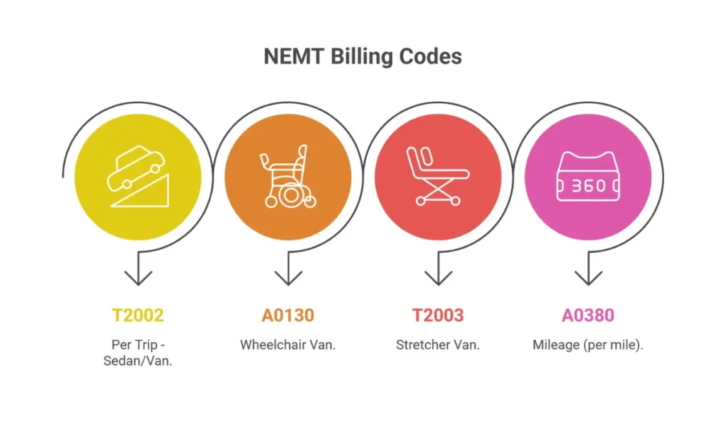 Common HCPCS billing codes for Medicare Advantage NEMT including T2002 for van transport, A0130 for wheelchair van, and A0380 for mileage