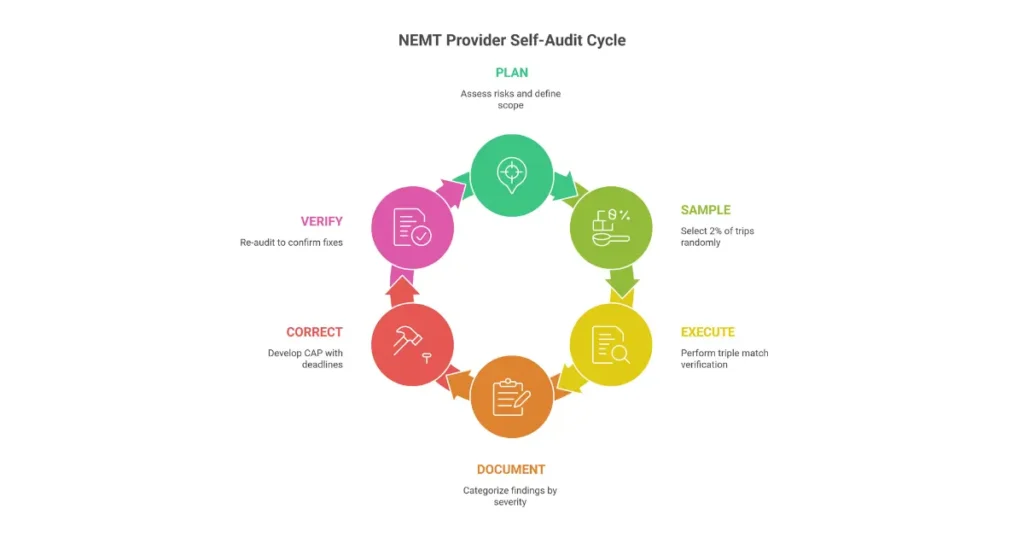 NEMT internal self-audit process flowchart showing 6 steps from planning and sampling through execution, findings documentation, corrective action, and follow-up verification