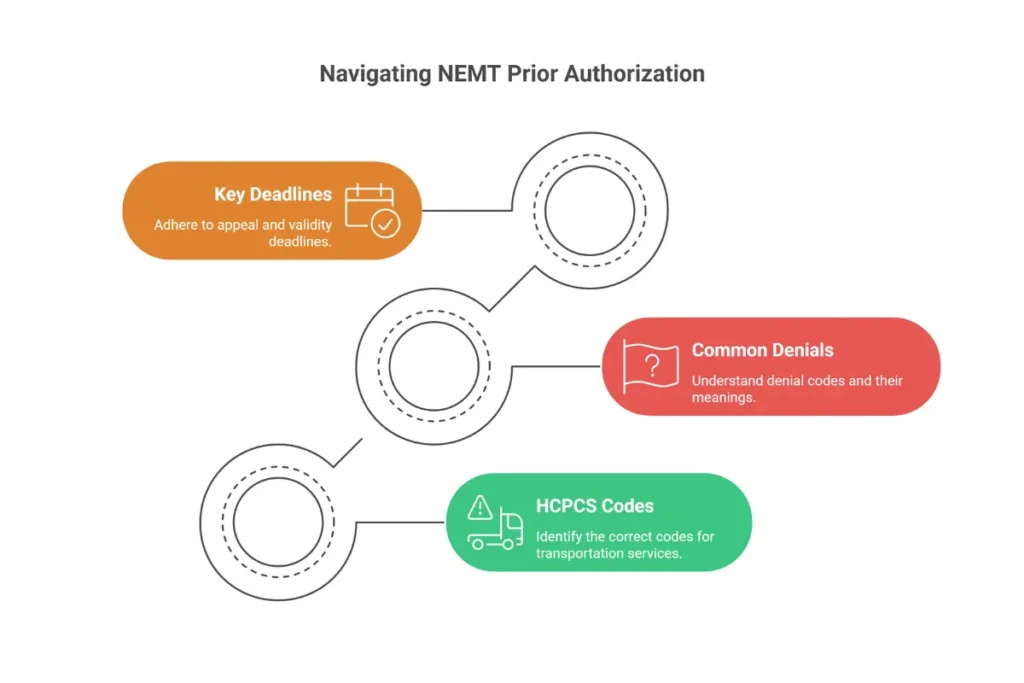 NEMT prior authorization quick reference card showing HCPCS codes, denial codes, and state portal contacts