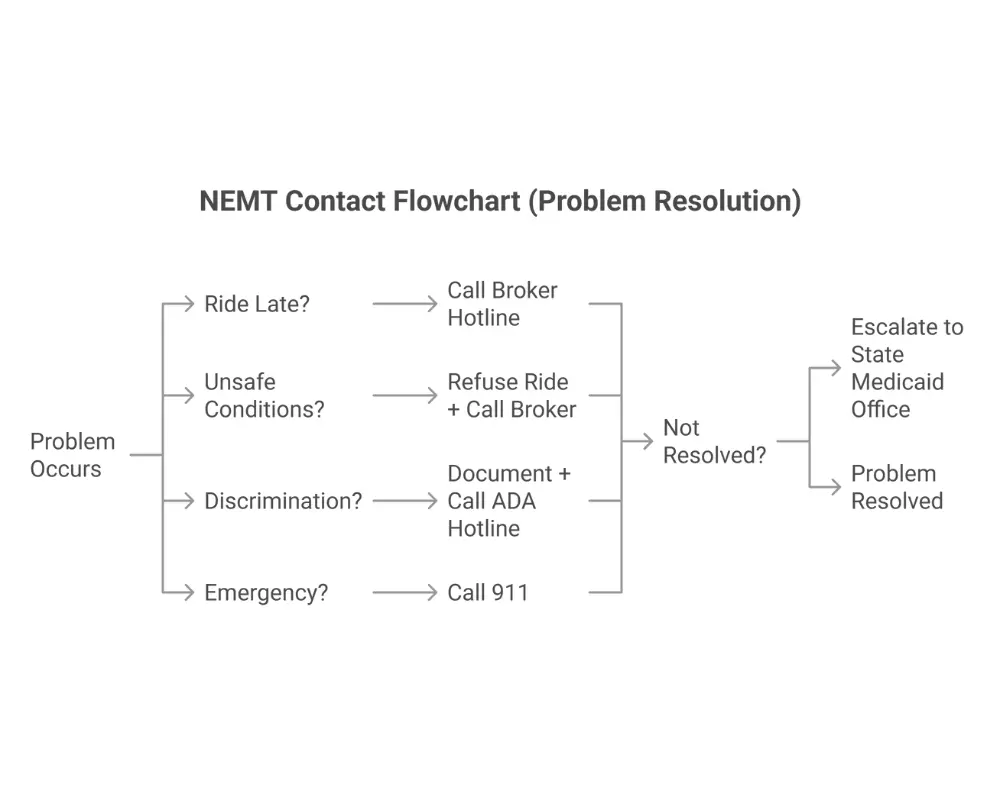NEMT problem resolution flowchart showing when to contact driver, broker, or state Medicaid office