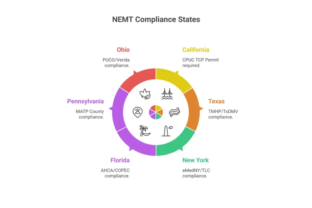 US map showing state-specific NEMT compliance requirements for California, Texas, New York, Florida, and other major states