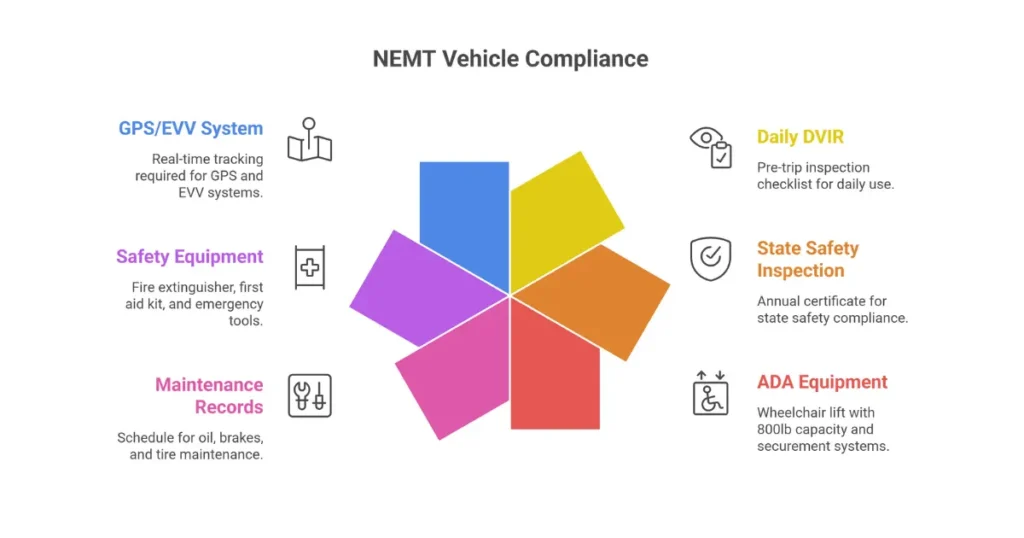 NEMT vehicle compliance inspection checklist showing daily DVIR requirements, state inspections, ADA equipment verification, and safety equipment inventory