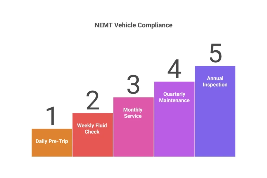 NEMT vehicle inspection process showing daily pre-trip checks, monthly maintenance, and annual safety inspections