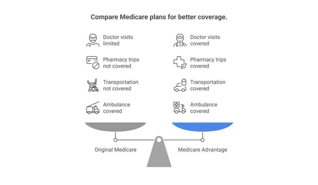 Comparison chart showing Original Medicare does not cover NEMT while Medicare Advantage plans may include transportation benefits