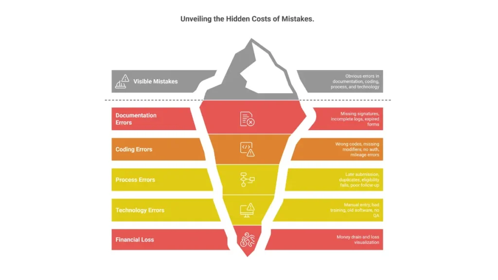 15 costliest NEMT billing mistakes infographic showing documentation errors, coding mistakes, process failures, and technology gaps