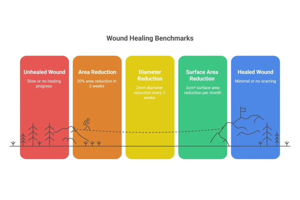 The 2-2-2 rule in Medicare wound care showing 20 percent area reduction in 2 weeks, 2mm diameter reduction, and 2cm squared monthly reduction benchmarks