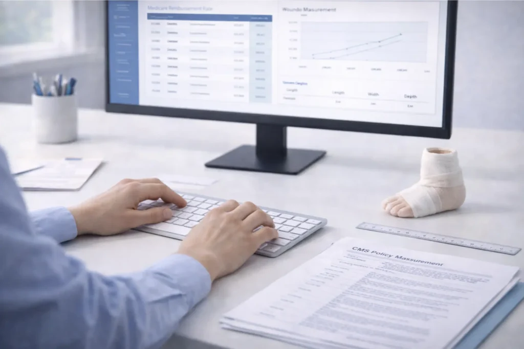 Medical billing specialist reviewing 2026 CMS skin substitute Q41xx flat-rate reimbursement changes on a computer with wound care documentation