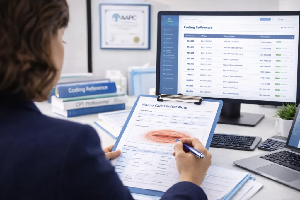 certified wound care coder CWCC reviewing clinical documentation CPT ICD-10 coding