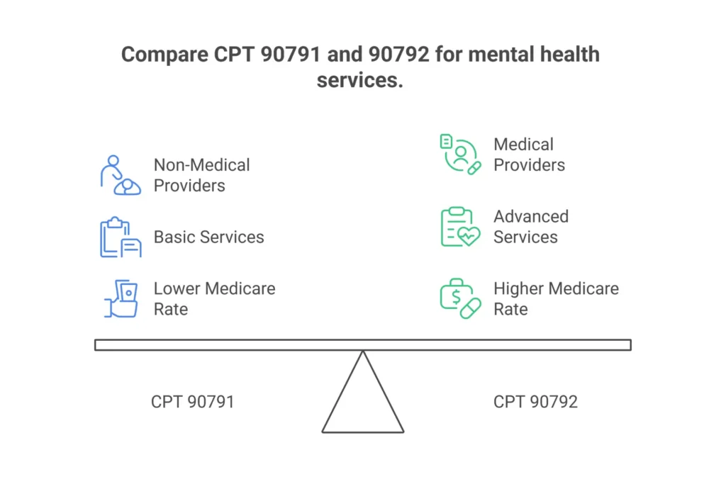 CPT 90791 vs 90792 comparison chart showing differences in medical services provider types and 2026 Medicare rates