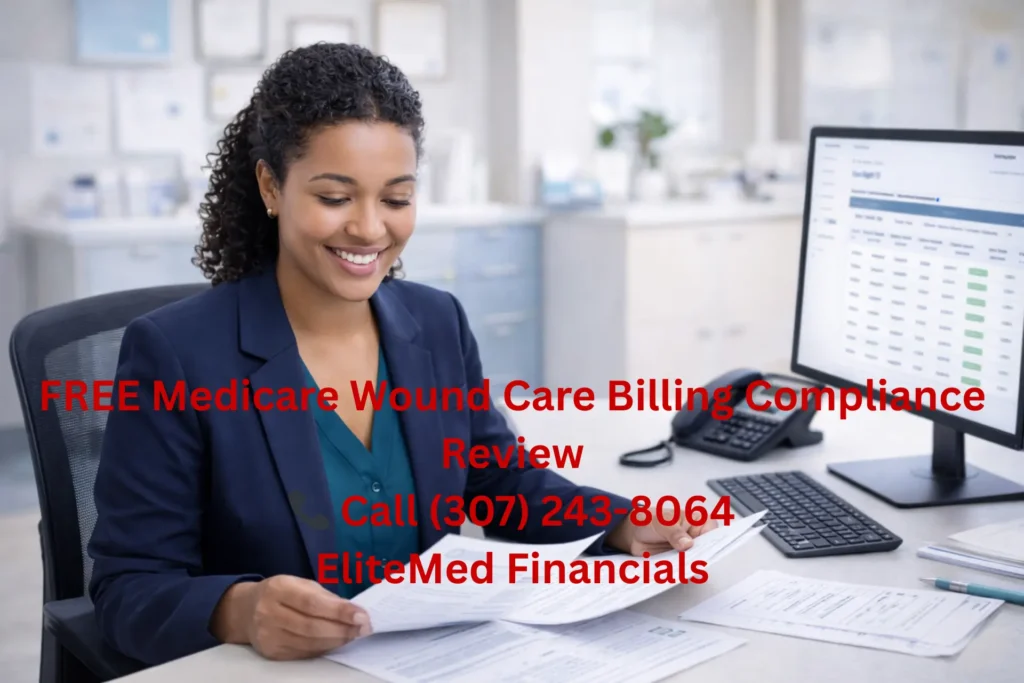 EliteMed Financials wound care billing consultation call to action offering free Medicare compliance review with phone number 307-243-8064