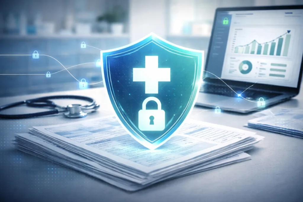 Healthcare data security concept showing locked medical records with HIPAA compliance shield and secure digital protection for patient billing information