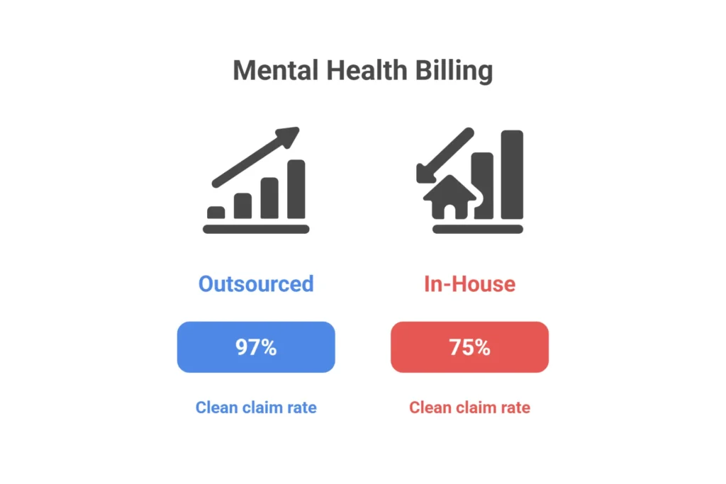 In-house vs outsourced mental health billing comparison infographic showing denial rates AR days collection rates and cost