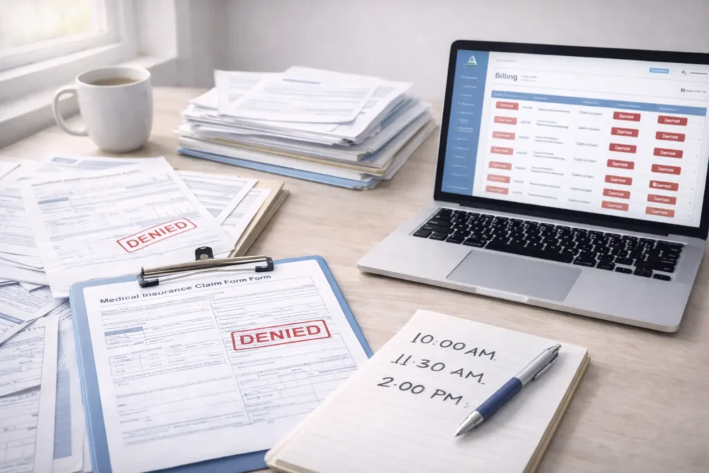 Mental health billing complexity concept showing overwhelmed therapist with insurance paperwork and denied claims