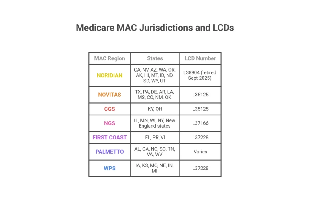 Medicare Administrative Contractor MAC jurisdiction map showing Noridian, Novitas, CGS, NGS, First Coast, Palmetto, and WPS regions with wound care LCD numbers