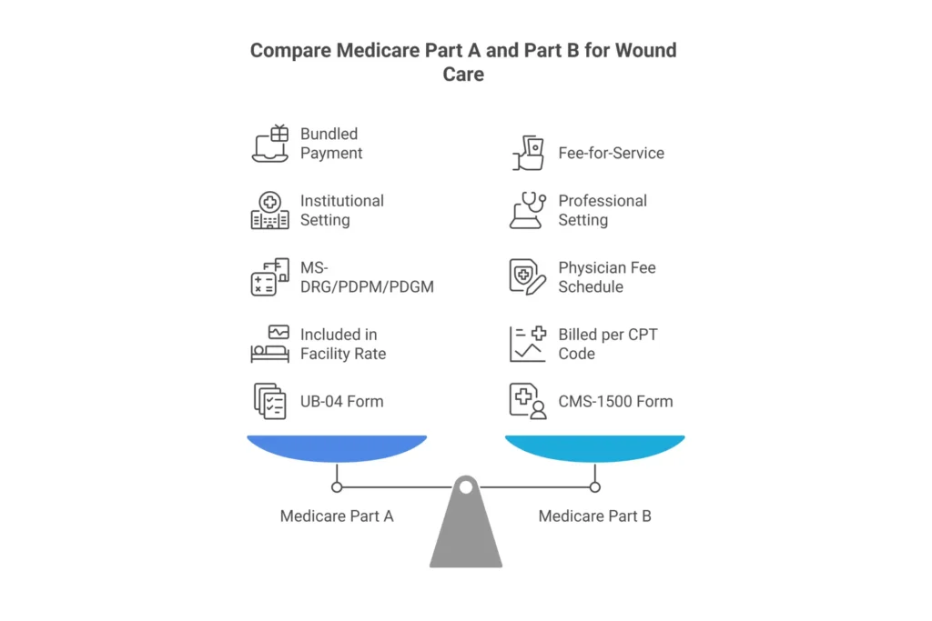 Medicare Part A vs Part B wound care coverage comparison showing bundled institutional payments versus fee-for-service professional billing