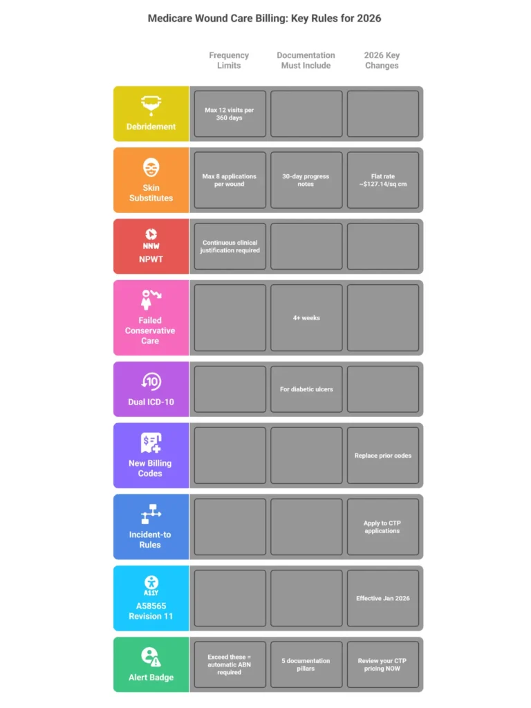 Medicare wound care billing rules infographic showing frequency limits, LCD requirements and ABN triggers for 2026