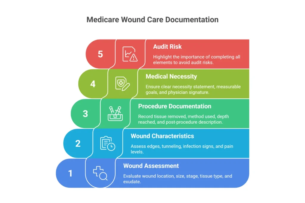 Medicare wound care documentation checklist showing required elements including measurements, tissue types, exudate, medical necessity statement, and physician signature