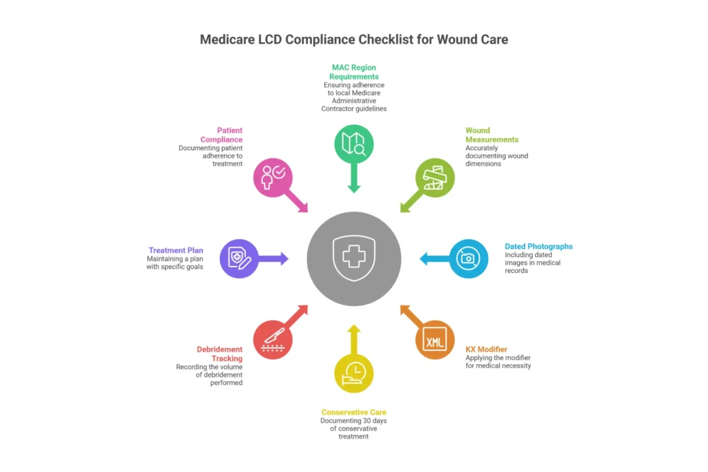 Medicare wound care coding compliance checklist showing LCD documentation requirements KX modifier rules and conservative care documentation