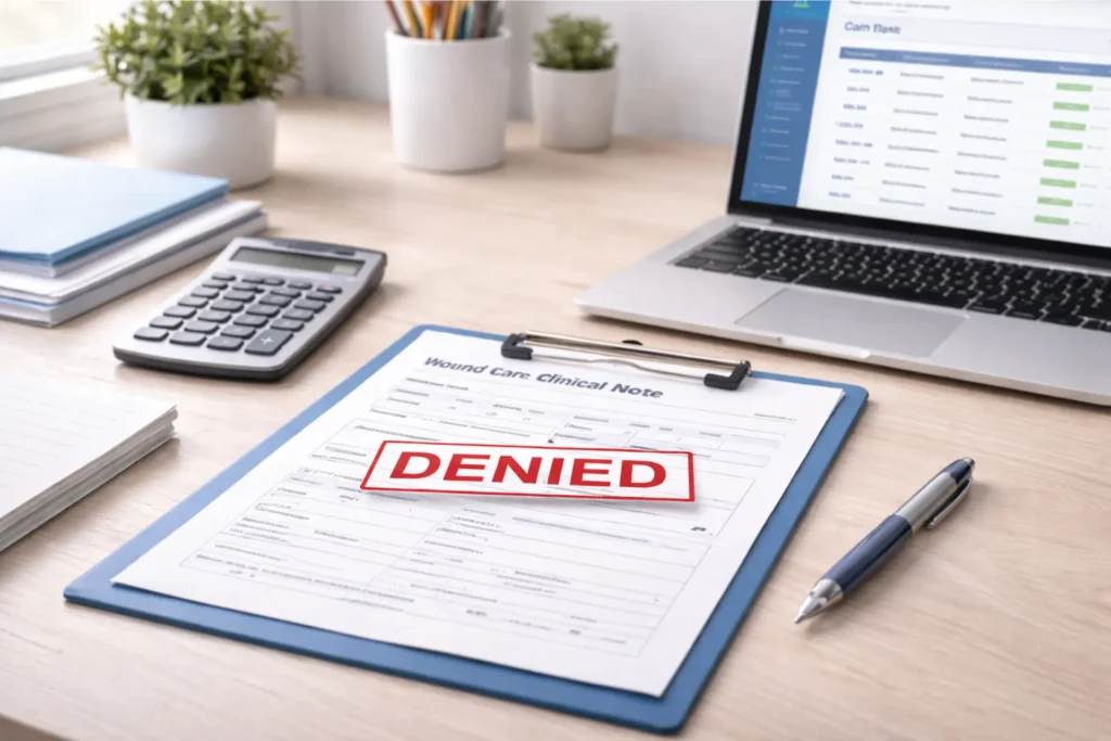 Mental health billing errors concept showing denied insurance claim on desk with calculator and medical forms