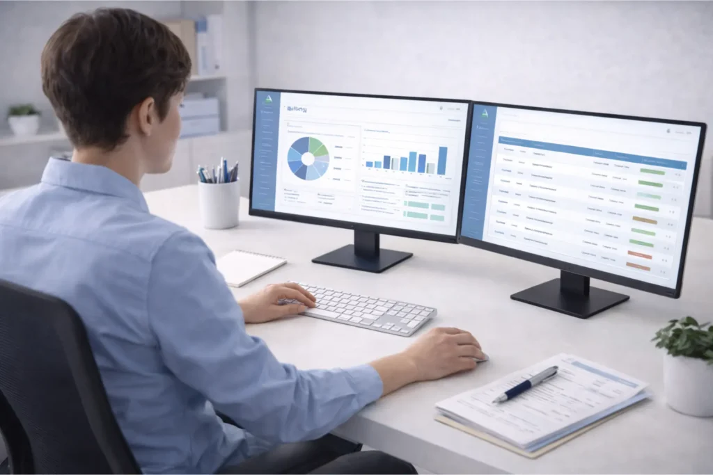 Mental health billing specialist reviewing CPT codes and insurance claims on dual monitors in a modern healthcare office