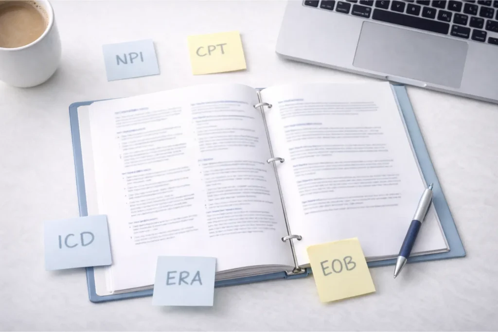A clean, professional flat-lay concept photo representing medical billing terminology. Show an open medical billing reference book or binder on a white desk, surrounded by small sticky notes with abbreviations written on them (NPI, CPT, ICD, ERA, EOB — text can be styled/blurred slightly). A laptop and coffee mug also visible. Soft natural lighting, top-down perspective. Color palette: whites, blues, light greys. No people. Photorealistic, high resolution. Suitable for a medical billing glossary section of a blog.